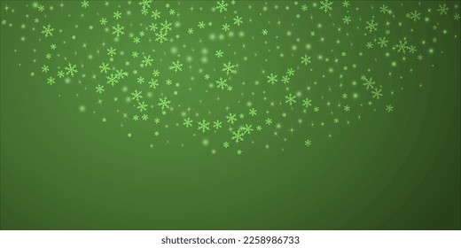 Snowy christmas background. Subtle flying snow flakes and stars on christmas green background. Delicate sweet snowy christmas. Wide vector illustration.