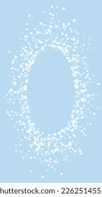 Snowy christmas background. Subtle flying snow flakes and stars on light blue winter backdrop. Delicate sweet snowy christmas. Vertical vector illustration.