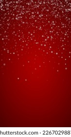 Snowy christmas background. Subtle flying snow flakes and stars on christmas red background. Delicate sweet snowy christmas. Vertical vector illustration.