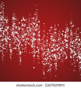 Snowy christmas background. Subtle flying snow flakes and stars on christmas red background. Delicate sweet snowy christmas. Square vector illustration.