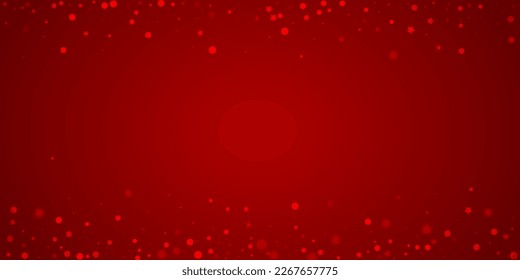 Snowy christmas background. Subtle flying snow flakes and stars on christmas red background. Delicate sweet snowy christmas. Wide vector illustration.