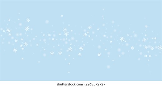 Snowy christmas background. Subtle flying snow flakes and stars on light blue winter backdrop. Delicate sweet snowy christmas. Wide vector illustration.