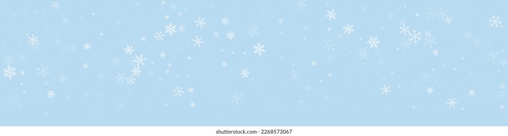Snowy christmas background. Subtle flying snow flakes and stars on light blue winter backdrop. Delicate sweet snowy christmas. Panoramic vector illustration.