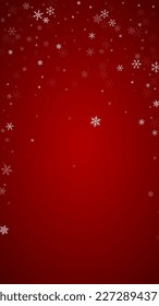 Snowy christmas background. Subtle flying snow flakes and stars on christmas red background. Delicate sweet snowy christmas. Vertical vector illustration.