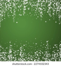 Snowy christmas background. Subtle flying snow flakes and stars on christmas green background. Delicate sweet snowy christmas. Square vector illustration.