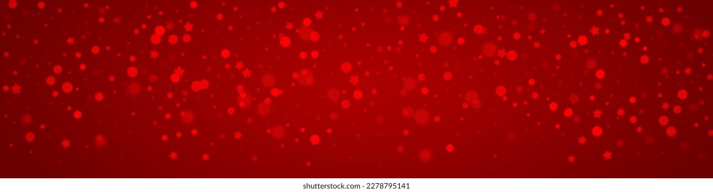 Fondo de navidad nevada. Sutiles copos de nieve volando y estrellas de fondo rojo navideño. Delicadas navidades nevadas dulces. Ilustración de vector panorámica.