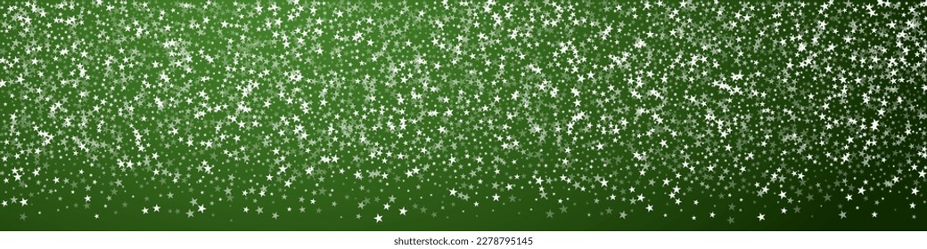 Snowy christmas background. Subtle flying snow flakes and stars on christmas green background. Delicate sweet snowy christmas. Panoramic vector illustration.
