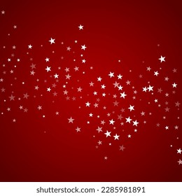 Snowy christmas background. Subtle flying snow flakes and stars on christmas red background. Delicate sweet snowy christmas. Square vector illustration.