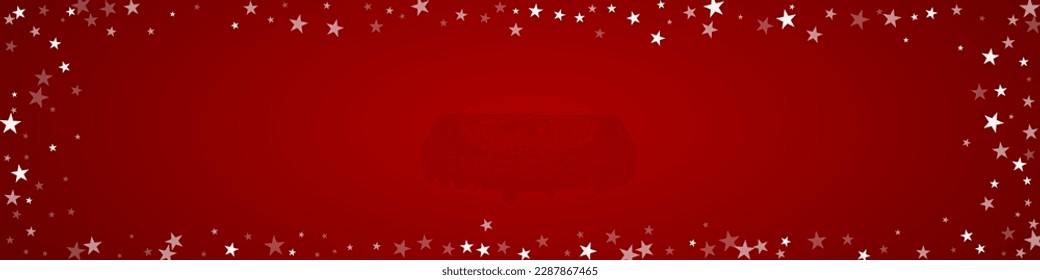 Snowy christmas background. Subtle flying snow flakes and stars on christmas red background. Delicate sweet snowy christmas. Panoramic vector illustration.