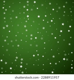 Fondo de navidad nevada. Sutiles copos de nieve volando y estrellas sobre fondo verde navideño. Delicadas navidades nevadas dulces. Ilustración vectorial cuadrada.