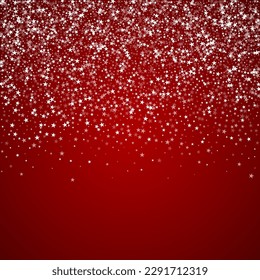 Snowy christmas background. Subtle flying snow flakes and stars on christmas red background. Delicate sweet snowy christmas. Square vector illustration.