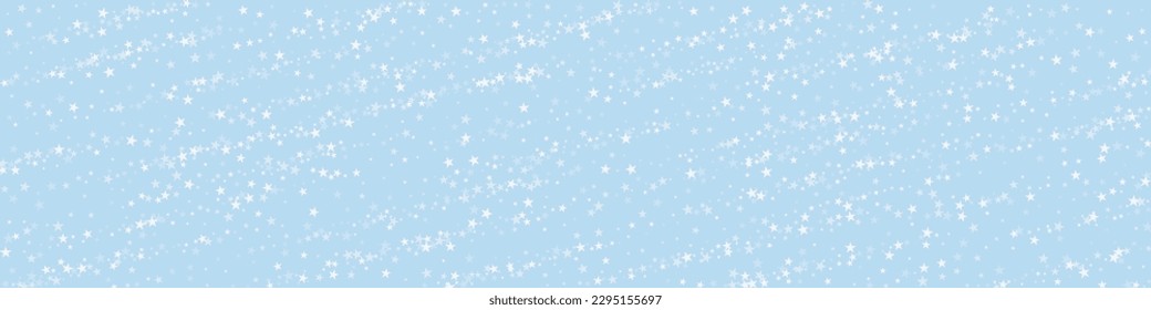 Snowy christmas background. Subtle flying snow flakes and stars on light blue winter backdrop. Delicate sweet snowy christmas. Panoramic vector illustration.