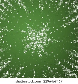 Snowy christmas background. Subtle flying snow flakes and stars on christmas green background. Delicate sweet snowy christmas. Square vector illustration.