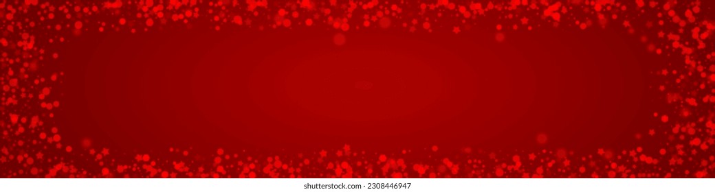 Snowy christmas background. Subtle flying snow flakes and stars on christmas red background. Delicate sweet snowy christmas. Panoramic vector illustration.