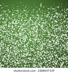 Snowy christmas background. Subtle flying snow flakes and stars on christmas green background. Delicate sweet snowy christmas. Square vector illustration.