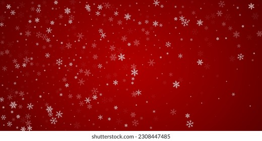 Snowy christmas background. Subtle flying snow flakes and stars on christmas red background. Delicate sweet snowy christmas. Wide vector illustration.