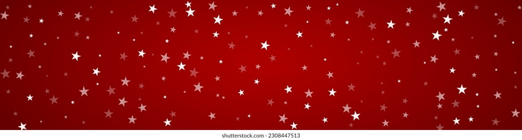 Snowy christmas background. Subtle flying snow flakes and stars on christmas red background. Delicate sweet snowy christmas. Panoramic vector illustration.