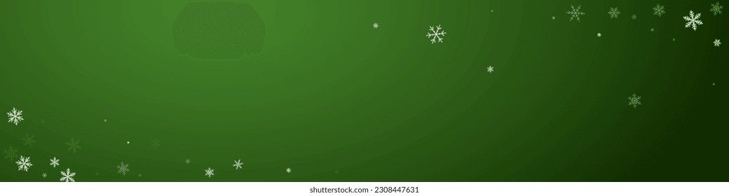 Fondo de navidad nevada. Sutiles copos de nieve volando y estrellas sobre fondo verde navideño. Delicadas navidades nevadas dulces. Ilustración de vector panorámica.