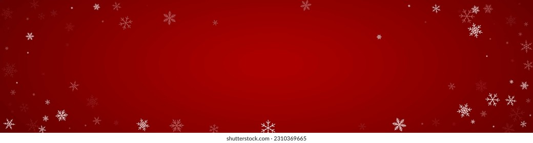 Fondo de navidad nevada. Sutiles copos de nieve volando y estrellas de fondo rojo navideño. Delicadas navidades nevadas dulces. Ilustración de vector panorámica.