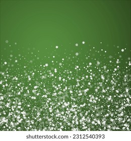 Snowy christmas background. Subtle flying snow flakes and stars on christmas green background. Delicate sweet snowy christmas. Square vector illustration.