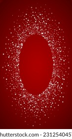 Fondo de navidad nevada. Sutiles copos de nieve volando y estrellas de fondo rojo navideño. Delicadas navidades nevadas dulces. Ilustración vectorial vertical.