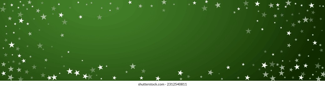 Schneeweißer Weihnachtshintergrund. Subtile fliegende Schneeflocken und Sterne auf Weihnachtsgrünem Hintergrund. Delikate, süße, schneebedeckte Weihnachten. Panoramavektorgrafik.