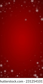 Snowy christmas background. Subtle flying snow flakes and stars on christmas red background. Delicate sweet snowy christmas. Vertical vector illustration.