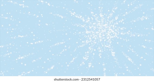 Fondo de navidad nevada. Sutiles copos de nieve volando y estrellas en el fondo azul claro del invierno. Delicadas navidades nevadas dulces. Ilustración vectorial amplia.