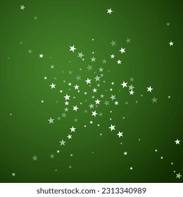 Snowy christmas background. Subtle flying snow flakes and stars on christmas green background. Delicate sweet snowy christmas. Square vector illustration.