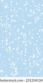 Snowy christmas background. Subtle flying snow flakes and stars on light blue winter backdrop. Delicate sweet snowy christmas. Vertical vector illustration.