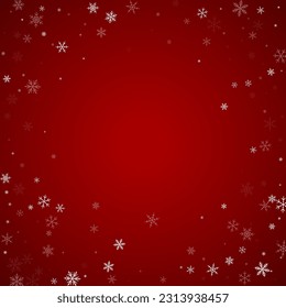 Snowy christmas background. Subtle flying snow flakes and stars on christmas red background. Delicate sweet snowy christmas. Square vector illustration.