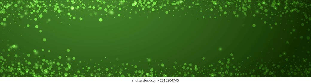 Snowy christmas background. Subtle flying snow flakes and stars on christmas green background. Delicate sweet snowy christmas. Panoramic vector illustration.