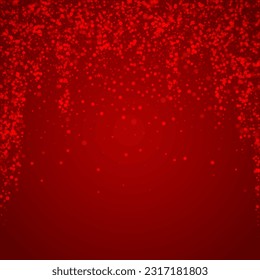 Snowy christmas background. Subtle flying snow flakes and stars on christmas red background. Delicate sweet snowy christmas. Square vector illustration.