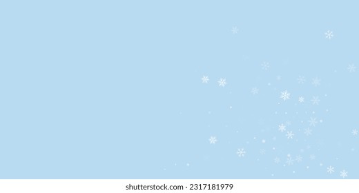 Snowy christmas background. Subtle flying snow flakes and stars on light blue winter backdrop. Delicate sweet snowy christmas. Wide vector illustration.