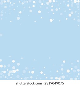 Snowy christmas background. Subtle flying snow flakes and stars on light blue winter backdrop. Delicate sweet snowy christmas. Square vector illustration.
