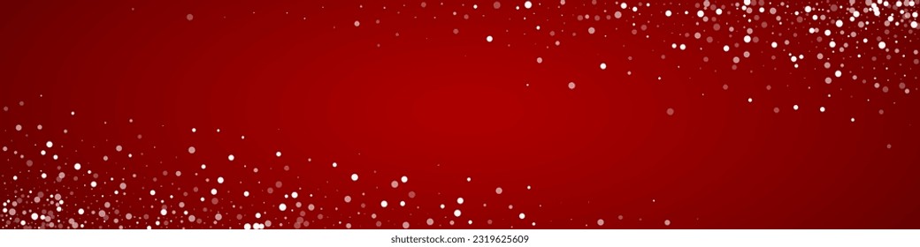 Snowy christmas background. Subtle flying snow flakes and stars on christmas red background. Delicate sweet snowy christmas. Panoramic vector illustration.