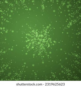 Snowy christmas background. Subtle flying snow flakes and stars on christmas green background. Delicate sweet snowy christmas. Square vector illustration.