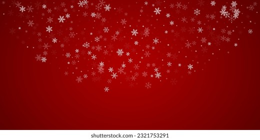 Snowy christmas background. Subtle flying snow flakes and stars on christmas red background. Delicate sweet snowy christmas. Wide vector illustration.