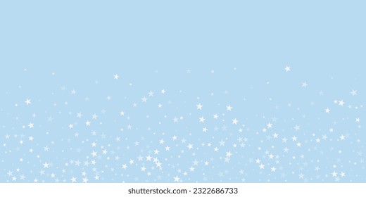 Fondo de navidad nevada. Sutiles copos de nieve volando y estrellas en el fondo azul claro del invierno. Delicadas navidades nevadas dulces. Ilustración vectorial amplia.