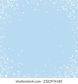 Snowy christmas background. Subtle flying snow flakes and stars on light blue winter backdrop. Delicate sweet snowy christmas. Square vector illustration.