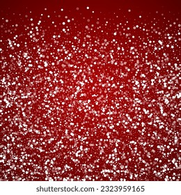 Snowy christmas background. Subtle flying snow flakes and stars on christmas red background. Delicate sweet snowy christmas. Square vector illustration.