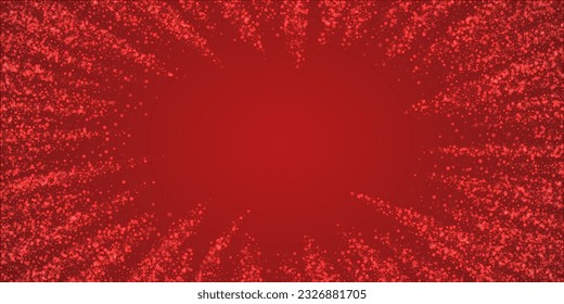 Fondo de navidad nevada. Sutiles copos de nieve volando y estrellas de fondo rojo navideño. Delicadas navidades nevadas dulces. Ilustración vectorial amplia.