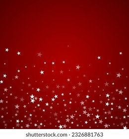 Snowy christmas background. Subtle flying snow flakes and stars on christmas red background. Delicate sweet snowy christmas. Square vector illustration.