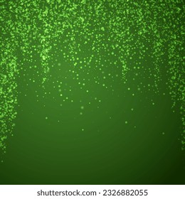 Snowy christmas background. Subtle flying snow flakes and stars on christmas green background. Delicate sweet snowy christmas. Square vector illustration.