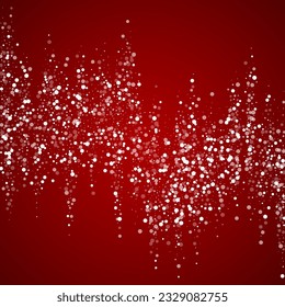 Snowy christmas background. Subtle flying snow flakes and stars on christmas red background. Delicate sweet snowy christmas. Square vector illustration.