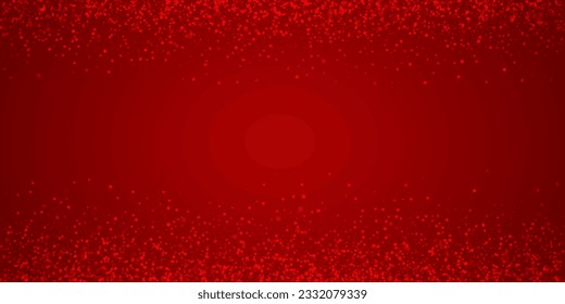Snowy christmas background. Subtle flying snow flakes and stars on christmas red background. Delicate sweet snowy christmas. Wide vector illustration.