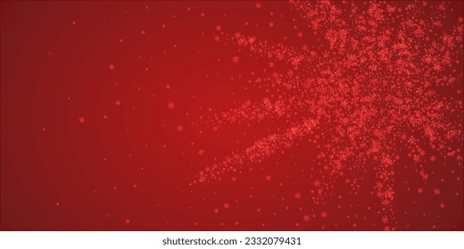 Fondo de navidad nevada. Sutiles copos de nieve volando y estrellas de fondo rojo navideño. Delicadas navidades nevadas dulces. Ilustración vectorial amplia.