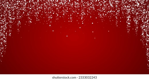 Snowy christmas background. Subtle flying snow flakes and stars on christmas red background. Delicate sweet snowy christmas. Wide vector illustration.