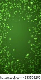 Snowy christmas background. Subtle flying snow flakes and stars on christmas green background. Delicate sweet snowy christmas. Vertical vector illustration.