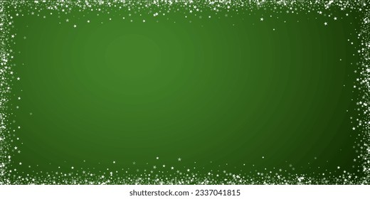 Snowy christmas background. Subtle flying snow flakes and stars on christmas green background. Delicate sweet snowy christmas. Wide vector illustration.